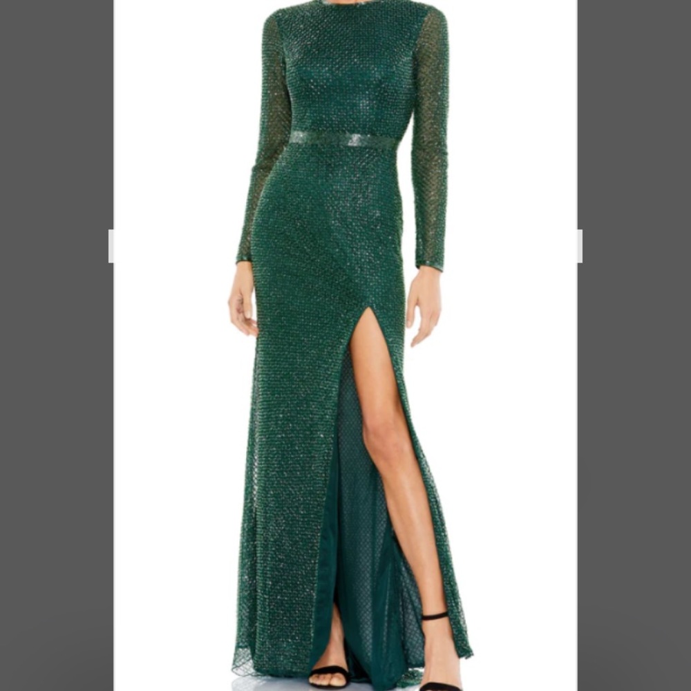 LATTICE BEADED LONG SLEEVE EVENING GOWN